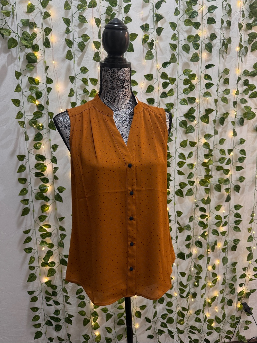 CAbi Sleeveless Button-Front Blouse in Mustard with Tiny Dot Print